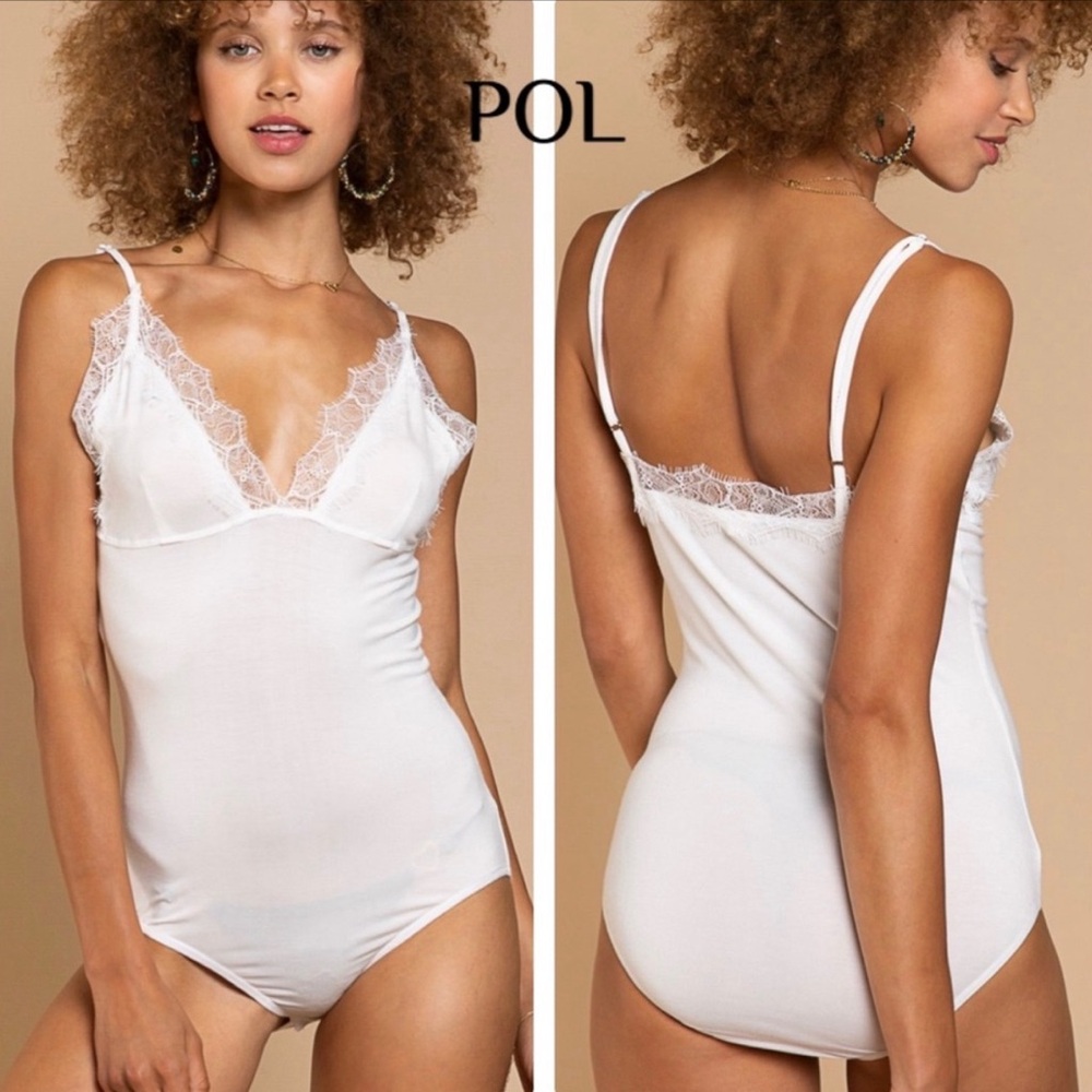 NEW POL Solid White Lace Trim Bodysuit